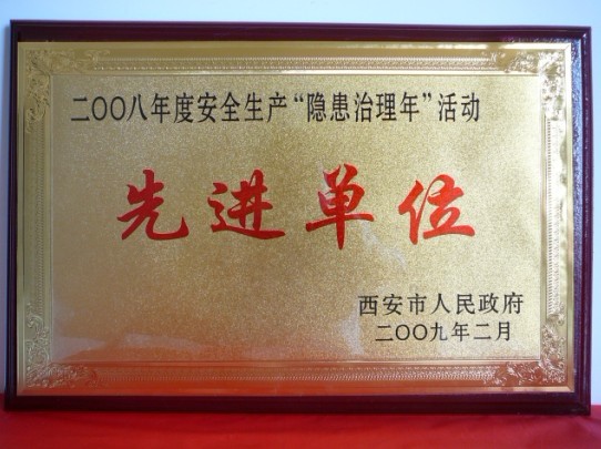 2009年2月，，，被西安市人民政府评为2008年度清静生产“隐患治理年”活动先进单位